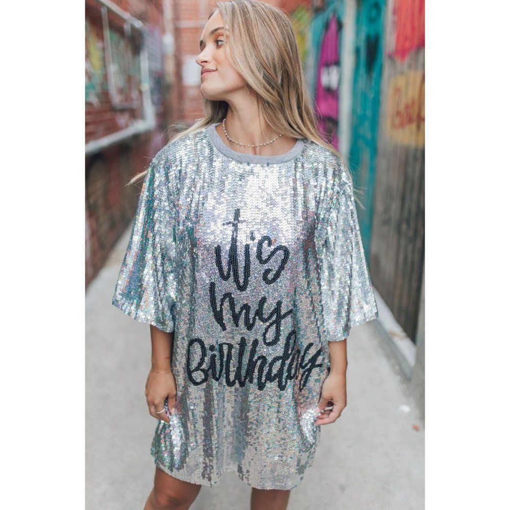 It's My Birthday Sequin Tunic Top Why Dress Silver One Size Oversized Xl